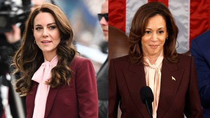 Kate Middleton wearing a maroon suit with a pink tie blouse standing in front of a videographer outside, next to a photo of Kamala Harris standing in front of an American flag in a maroon suit