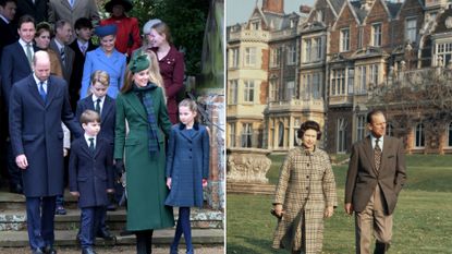 Kate Middleton wears a green coat and hat as she attends church in Sandringham with the Royal Family, Queen Elizabeth and Prince Philip stand outside of Sandringham House