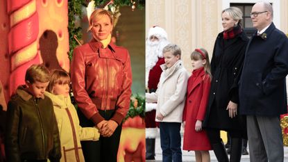 A split photo of Princess Charlene, Prince Albert, Prince Jacques, Princess Gabriella bundled up in coats standing with Santa Claus and a photo of them in front of a gingerbread house