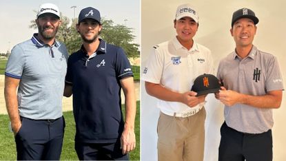 Dustin Johnson and Thomas Pieters shake hands, whilst Kevin Na hands Yubin Jang an Iron Heads GC cap