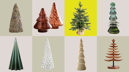 A two-by-four checkerboard background with eight images of different miniature Christmas tree products in each box. 