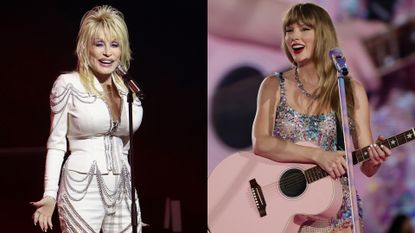 Taylor Swift and Dolly Parton performing.