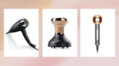 Collage of three of the best hair dryers for curly hair from ghd, Bellissima Italia and Dyson on a beige and pink watercolour-style background