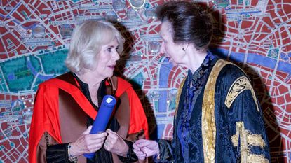 Queen Camilla and Princess Anne wearing university robes standing in front of a mosaic map 