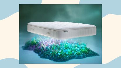 A lifestyle image of a Simba mattress pictured on a cream and blue background