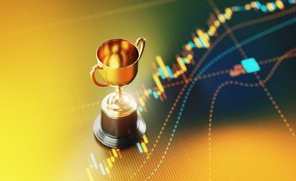 Investment And Top Funds Concept - Gold Trophy Sitting On Yellow Financial Graph Background