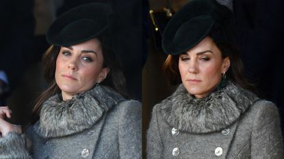 Kate Middleton in a gray Catherine Walker coat on Christmas Day 2019.