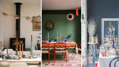 Trio of festive dining rooms. Left is neutral with sage green candles and fire place. Middle is green with wavy dining table cloth. Right is arctic blue and white