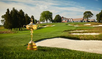 The Ryder Cup in front of Bethpage Black&#039;s clubhouse