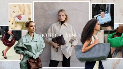 A Future graphic of the best Bottega Veneta bags, featuring models carrying the Sardine, Knot, Andiamo, Liberta, Cabat, Cassette, and Jodie