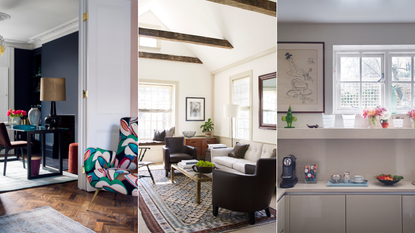 home office and patterned armchair, living area and kitchen