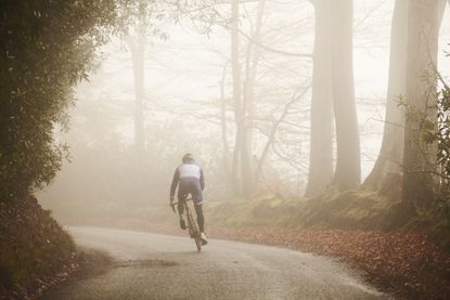 a cyclist riding along countryside road on foggy autumn day