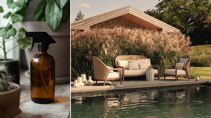 An amber spray bottle and an outdoor summer garden set up by a poolside