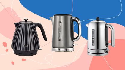 Three of the best kettles as tested by Ideal Home on a pink backdrop