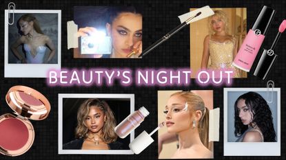 Collage of Tyla, Ariana Grande, Charli XCX, and Sabrina Carpenter with makeup products for Beauty&#039;s Night Out