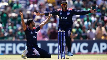 Saurabh Nethralvakar, left, and Harmeet Singh during the 2024 T20 Cricket World Cup