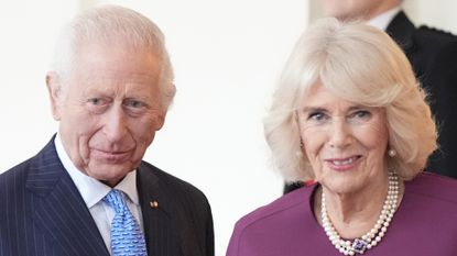 King Charles wearing a blue striped suit standing. next to Queen Camilla, who is smiling in a purple coat and pearl necklace 