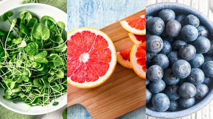 L-R: watercress in a bowl; grapefruit on a chopping board; blueberries in a bowl