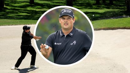 Patrick Reed hitting a bunker shot, with an inset image of Patrick Reed holding a golf ball