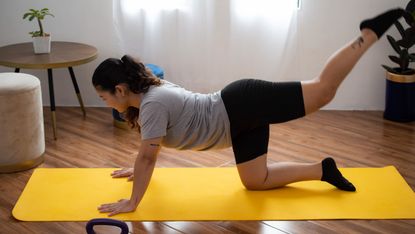 A woman practices Pilates at home. She is on the ground with both hands and one knee planted on a mat. Her right leg is extended upwards behind her. In the background we see a coffee table and two plants.