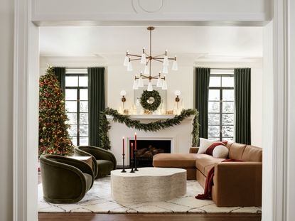 a modern living room decorated for Christmas