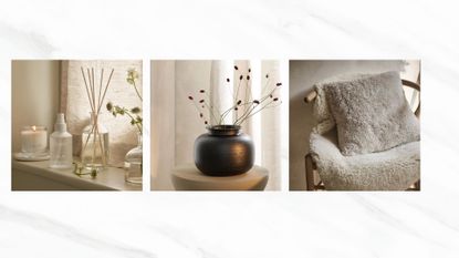 A marble background with three items from The White Company sale on it: a vase, a candle, and a cushion