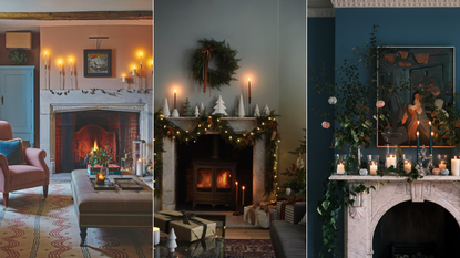 Three mantelpieces decorated for Christmas with evergreen and candles