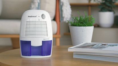 The mini ProBreeze dehumidifier sat on a wooden coffee table in a living room