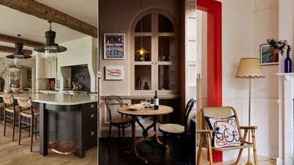 Triptych of the best interior design trends 2025. Far left: modern rustic kitchen with wood beams, industrial ceiling lights, wood flooring, cream walls and gray island with marble counter. Middle: Dusty pink dining area with built-in cabinet with glass doors, small round table with two bistro-style chairs and modern wall art. Far right: Cream living room with white fireplace, rattan chair and floor lamp with red-trimmed lampshade and red painted door frame