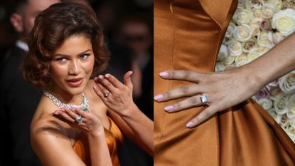 a collage of Zendaya blowing kisses at the 2025 Golden Globe awards and a close up of her engagement ring