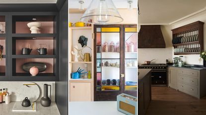 Three images consisting of an open pink cabinet, a stained glass cabinet and vintage plate rack cabinet 