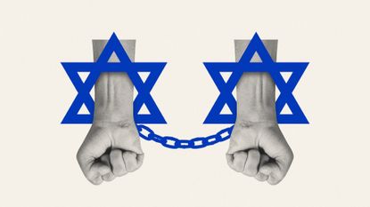 Illustration of hands in handcuffs shaped like the Star of David from the Israeli flag