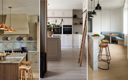 Three kitchen images: a kitchen with a marble island and an open shelf above the countertop, a modern kitchen with white cabinetry and a wooden slat partition wall, and a kitchen with banquette seating in the corner