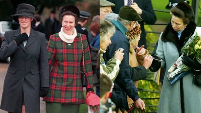 Princess Anne in a red and green plaid coat walking next to and Zara Phillips and a photo of Princess Anne wearing a fur trimmed blue coat holding flowers and talking to a group of fans