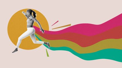 Graphic illustration of woman in activewear leaping through the air over a yellow circle with rainbow-style waves coming out from behind her