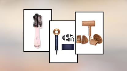 product collage of Dyson Supersonic Hair Dryer, L&#039;Ange Le Volume Elevé 2-in-1 Titanium Brush Dryer in Blush, PATTERN by Tracee Ellis Ross Blow Dryer with Four Attachments for Curly &amp; Coily Hair in white boxes with black borders overlaid a peach, grey, beige gradient background