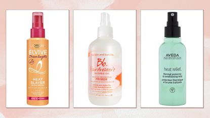 Collage of best heat protection sprays (L-R) L&#039;Oréal Elvive Heat Slayer Spray, Bumble and bumble Hairdresser&#039;s Invisible Oil Primer and Aveda Heat Relief Spray, on a pink watercolour background