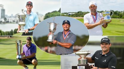 Five LIV Golfers holding trophies