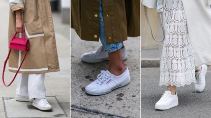 three women wearing white trainers 