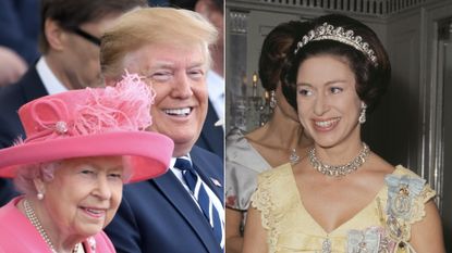 Queen Elizabeth wears a bright pink dress and matching hat with pearl earrings and a pearl necklace as Donald Trump sits beside her wearing a navy suit with his fluffy blonde hair