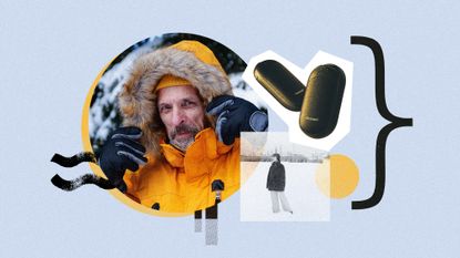 Photo collage of a man wearing a thick puffer jacket with a fur trim in the snow, a woman standing in a snowy field, and a pair of magnetic hand warmers.