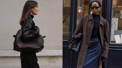 a collage of black turtleneck outfits worn by two french women, on the left one woman is showing how to wear a black turtleneck by styling the sweater with a black leather blazer, black trousers, brown slingback heels and a brown bag while on the right a woman is wearing a black mock neck knit with a brown coat, black belt, denim skirt, and black heels