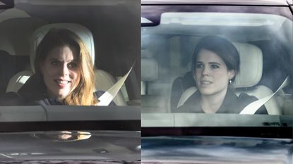 A split shot of Princess Eugenie and Princess Beatrice riding in cars and smiling