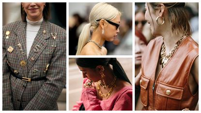 Split image of women wearing brooches, hoop earrings, and charm necklaces while attending fashion week 