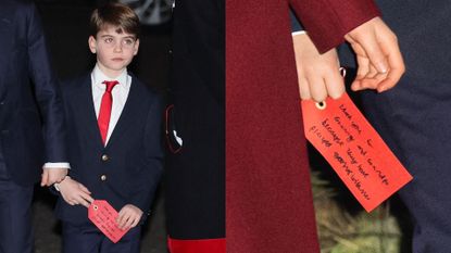 Prince Louis carrying a private message written for Kate Middleton&#039;s parents at the &quot;Together At Christmas&quot; Carol Service at Westminster Abbey.