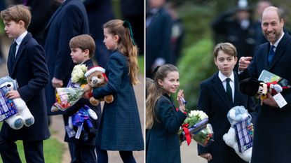 Princess Charlotte, Prince George, and Prince Louis carry gifts from royal fans at Sandringham as they stand with father Prince William on Christmas Day