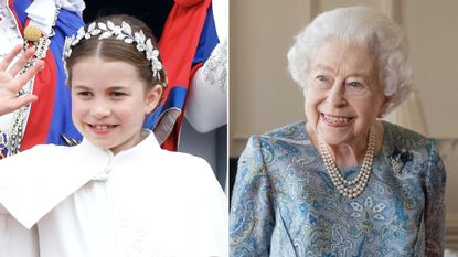 Princess Charlotte wears a white dress with a white cape and a floral head band as she waves and Queen Elizabeth wears pearls and a green paisley dress