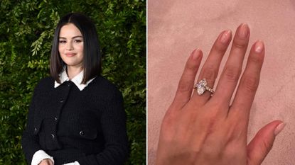 A split image of Selena Gomez wearing her engagement ring