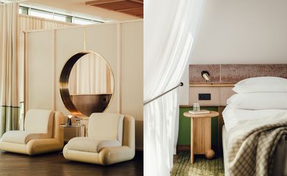 Left, a ‘T4’ chair, designed by Holloway Li. Right, the calming natural material palette of a refurbished guest room