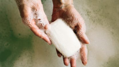 Sudsy hands holding a bar of white soap